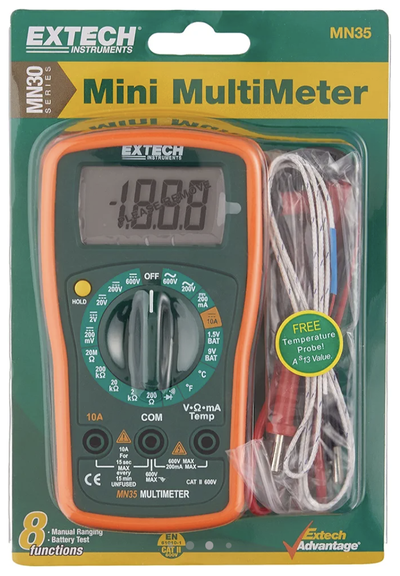 Shrink wrapped package with multimeter and test leads labeled 