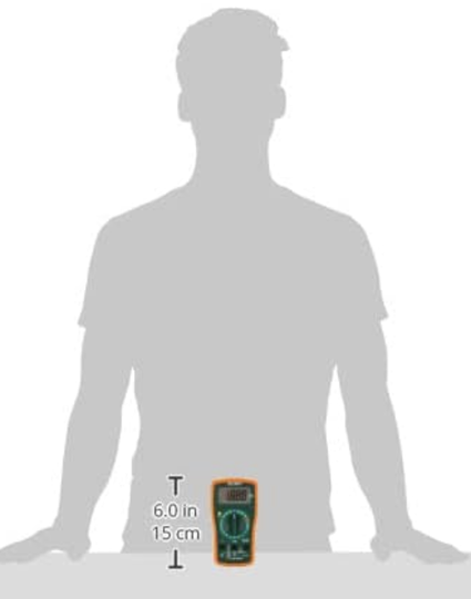 Same multimeter in a composite image overlayed on the top half of a gray human male silhouette. The multimeter is placed exactly over the crotch in a vaguely phallic representation with a measuring line marked 