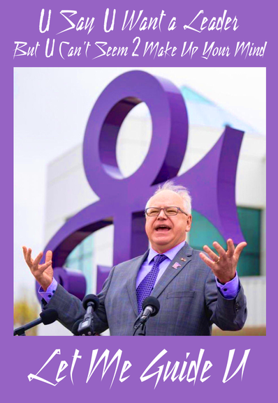 A picture of Tim Walz wearing a purple shirt and tie, giving a speech in front of a giant purple figure of Prince's 