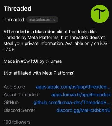 The Threaded Mastodon profile showing its fields from the Threaded app