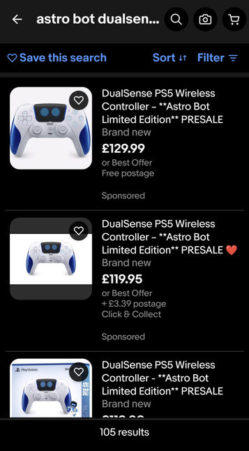 Screenshot of eBay showing listings for DualSense PS5 Wireless Controller  Astro Bot Limited Edition with prices of £129.99 and £119.95.