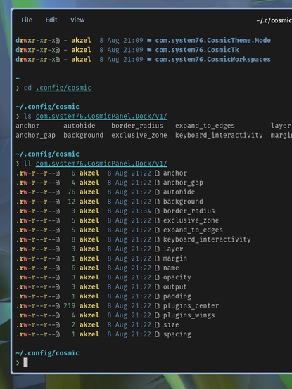 COSMIC Terminal showing the contents of a folder within the cosmic directory of the user's config folder. The contents are numerous separate files, each corresponding to a setting for COSMIC's dock.