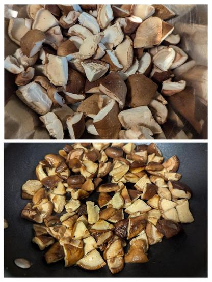 Pics of quartered shiitake mushrooms caps in a steel bowl and 2nd pic of the caps in a frying pan and sauteed a bit