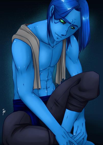 Frost from my story of Seasons. He's just a blue guy with a breathtaking background story.  I went crazy with the abs, not ashamed. This is his look after bath.