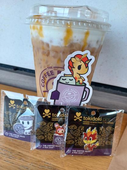 The Coffee Bean & Tea Leaf x tokidoki collab: large Boba Bob drink; free unicorn in mug of green tea sticker; Snack Buddy, Donutella, and Dragon enamel pins.