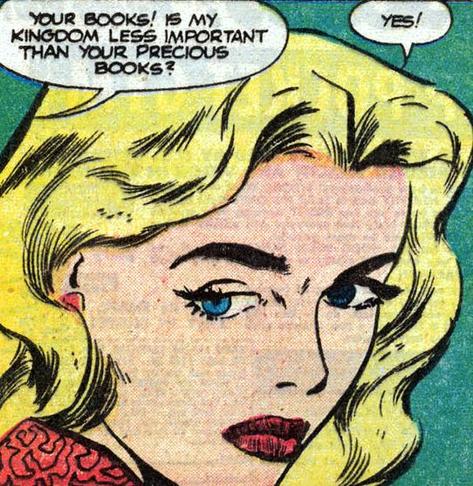 Comic book panel of a blonde woman. Dialogue bubble from off-panel reads 