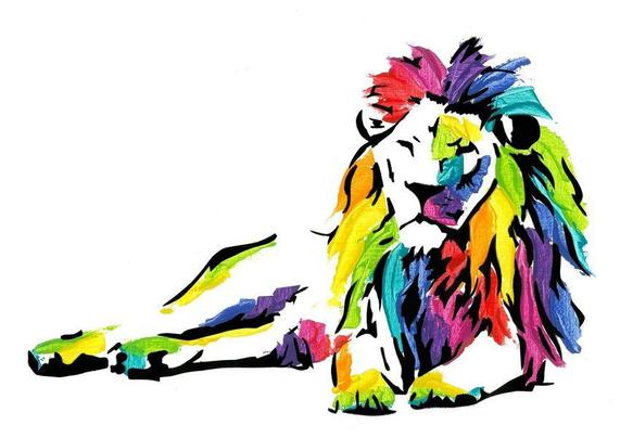 Lion allongé, dessin multicolore