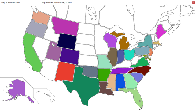 A map of the United States.
33 of the states have been colored in to indicate contacts from those states.
The 17 states which have not been colored in are:
Arizona
Connecticut
Delaware
Hawai'i
Idaho
Iowa
Kansas
Kentucky
Minnesota
Nebraska
Nevada
New Hampshire
North Dakota
Rhode Island
South Dakota
Vermont
West Virginia