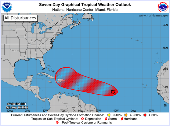 Tropical Weather Outlook
NWS National Hurricane Center Miami FL
800 PM EDT Sat Aug 10 2024

For the North Atlantic...Caribbean Sea and the Gulf of Mexico:

1. Near the Lesser and Greater Antilles (AL98):
Shower and thunderstorm activity is showing some signs of 
organization in association with a tropical wave located roughly 
midway between the Cabo Verde Islands and the Lesser Antilles. 
Environmental conditions appear conducive for gradual development of 
this system during the next few days while it moves westward to 
west-northwestward at 15 to 20 mph across the central tropical 
Atlantic. A tropical depression is likely to form by the early to 
middle part of next week while the system approaches and then moves 
near or over the Lesser Antilles, and interests there should monitor 
the progress of this system. Then, the system is forecast to move 
generally west-northwestward and could approach portions of the 
Greater Antilles by the middle to latter part of next week.
* Formation chance through 48 hours...medium...50 percent.
* Formation chance through 7 days...high...90 percent.