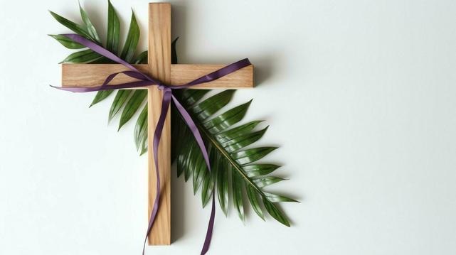 Sunday a christian wooden cross crucifix sign with green palm leaves as religious holiday palm sunday event concept by ai generated free photo