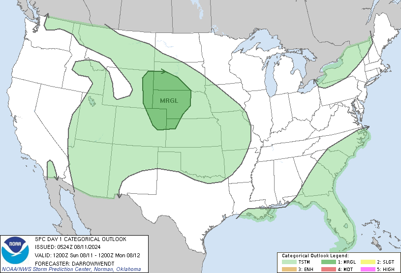 Scattered thunderstorms in the southeastern coastal plain and in Rocky Mountains. 