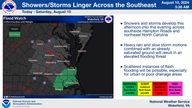 Summary forecast for scattered afternoon thunderstorms bringing heavy rain and flash flooding. 

Graphic prepared Saturday but consistent with Sunday’s forecast. 