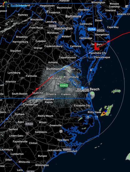 Sunday 0600 radar. Overlay layer shows the occluded front. Said front will squirm like a toad. Thunderstorms develop along the front during afternoon heating. 