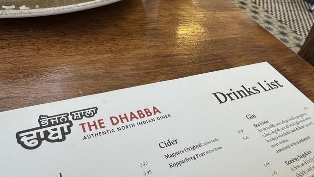 Drinks menu from The Dhabba, an authentic North Indian diner, featuring options like cider and gin.