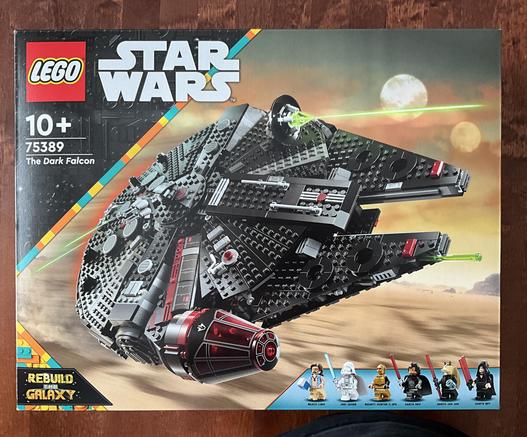 Photo of the Lego Dark Falcon box, set #75389. A black and red version of the Millennium Falcon.