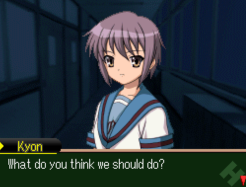 A screenshot of Suzumiya Haruhi no Chokuretsu in which Kyon asks Nagato, 