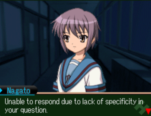 A screenshot of Suzumiya Haruhi no Chokuretsu in which Nagato responds, 