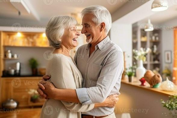 senior music romantic senior family couple wife and husband dancing to music together in living room ai generated photo