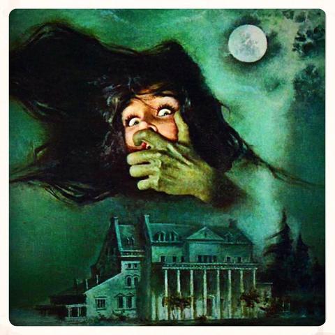 pulp art: a floating frightened head with a green hand covering the mouth, above an old house, full moon in the sky. 