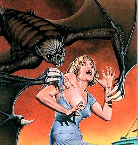 pulp art: a person screams and looks terrified as their being grabbed by a giant bat like creature from the sky. 