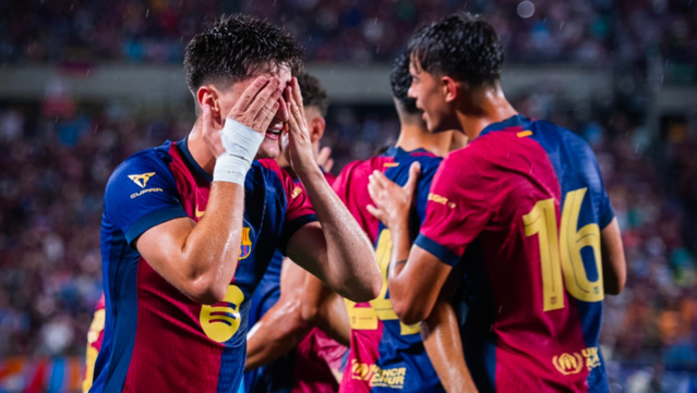 Pau Víctor celebrant el primer gol del partit contra el City (FCB)