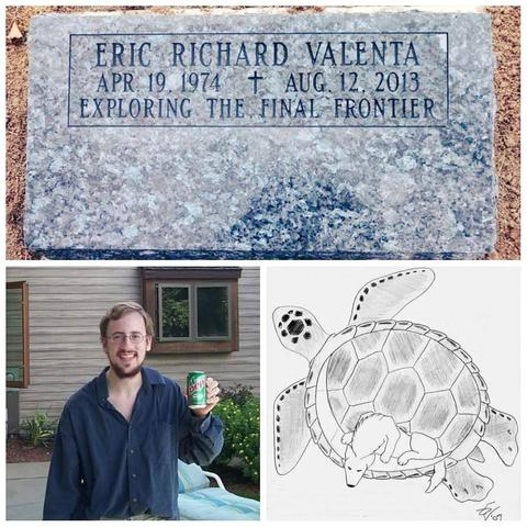 Photo collage of a gravestone, a bearded man in a blue shirt holding a can of soda, and a pencil drawing of a wolf on a crescent moon on the back of a turtle