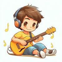 International Youth Day cute boy playing guitar and listening to music with headset in cartoon style youth day or music day concept by ai generated free photo