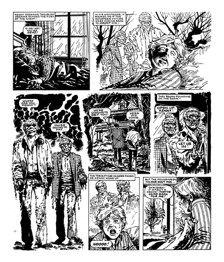 Black and white comic book page showing zombies scaring a small boy. 