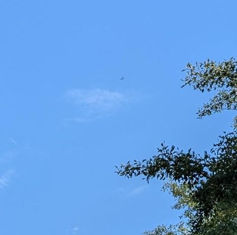 A zoomed in view of the Spitfire in the clear, sunny sky.