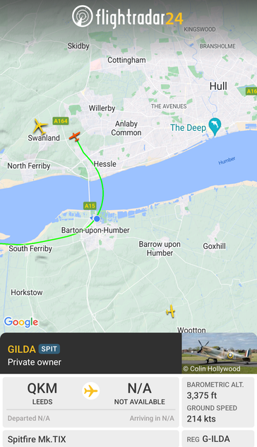 A screenshot of the FlightRadar24 app showing the flight path of the Spitfire over map. It's path loops around the eastern edge of the Humber Bridge. 