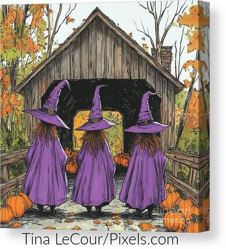 This is a halloween image of the backside of three sister witches walking towards a wooden covered bridge with ornage pumpkins and colorful autumn trees. 