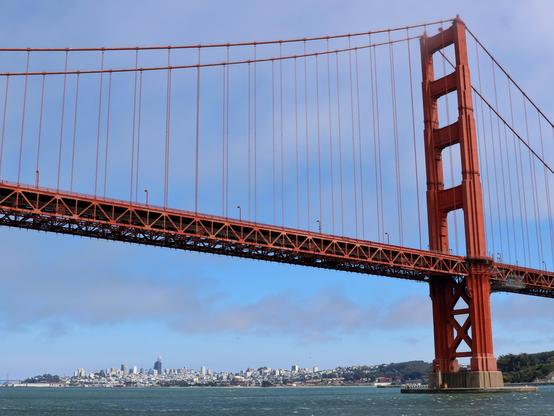 San Francisco seen from the sea, underneath the Golden Gate Bridge in the foreground