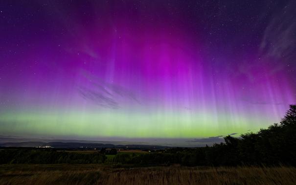 Brilliant aurora borealis display with vibrant purple, blue, red and green rays