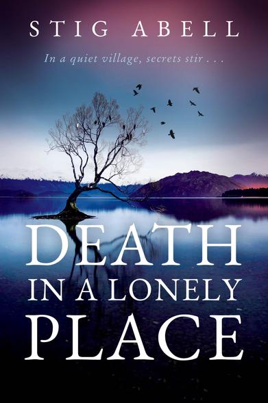 Image of the book cover for Death in a Lonely Place by Stig Abell with the tagline In a Quiet village, secrets stir ...

The image is of a flat, still lake with a tree standing in the middle with birds flying around and perched in leafless branches. The water in the lake is dark blue to purple, reflecting the sky above. There are some hills behind the lake which look pretty bleak.
