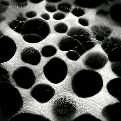 Joe Gilmore's cover art for farmersmanual - nullgerät remixes, depicting a lumpy, somewhat trypophobia-triggering black and white landscape