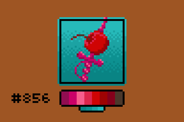 Pixel art of a tiny plastic sword skewering a maraschino cherry