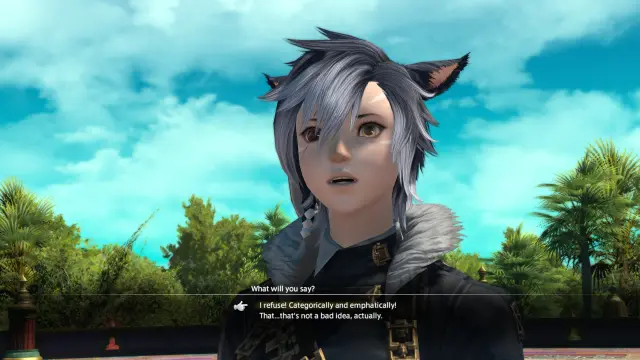 A blue-haired miqo'te, looking past the camera with a bewildered expression. The screenshot is from before the Dawntrail graphics update.