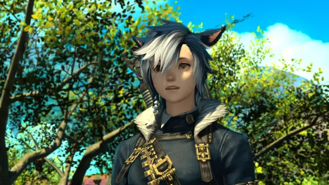 A blue-haired miqo'te, looking past the camera with a bewildered expression. The screenshot is from after the Dawntrail graphics update.