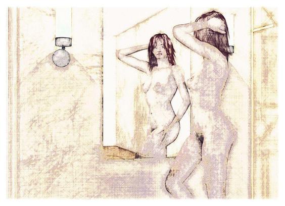 Rendering und Fotobearbeitung: In einem Zimmer steht steht eine Frau nackt vor einem Wandspiegel, einen Arm hinter dem Kopf verschränkt, den anderen auf dem Oberschenkel schaut sie sich prüfend an.

Rendering and photo editing: In a room, a woman stands nude in front of a wall mirror, one arm crossed behind her head, the other on her thigh, looking at herself scrutinizingly.