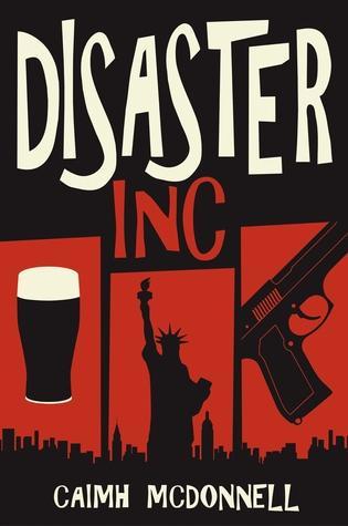 Book cover of Disaster Inc By Caimh McDonnell, the first in the McGarry Stateside series. The cover is made up of red and black backgrounds, the title of the book in large script at the top in red and white, over a black background.

The bottom of the image is made up of three red panels with a glass of probably Guinness on the left, the Statue of Liberty in the centre, and a gun on the right. The bottom of the panels are joined up by a silhouette cityscape of high buildings. 

 