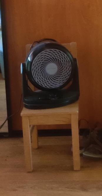 Kleine ronde zwarte ventilator op een kinderstoeltje.