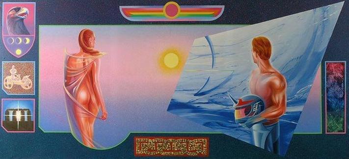 A surreal painting with multiple elements. The central scene shows two figures: one draped in red fabric on the left, and a shirtless figure holding a helmet on the right, facing a seascape with sails. Above, a rainbow-winged emblem. The border contains various symbols: an eagle head, crescents, chariot, pillars, and abstract designs. The color palette is vibrant, with pinks, blues, and golds dominating. The overall style suggests a blend of ancient symbolism and modern art.