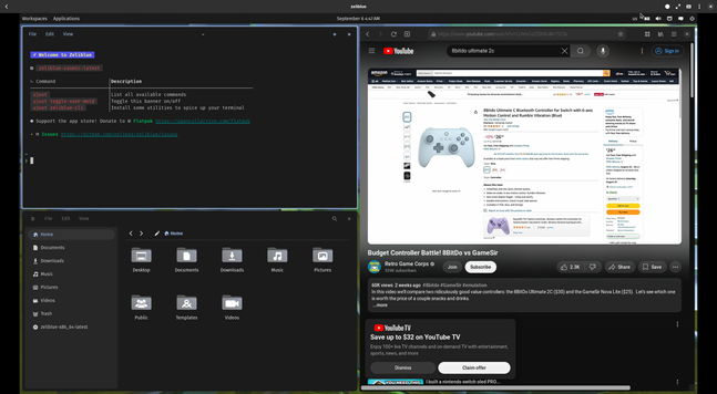 The COSMIC desktop environment running in a VM in GNOME Boxes. Three windows are tiled on the screen; the two on the left half are quarter-tiled, COSMIC Term on top and COSMIC Files underneath. On the right half is GNOME Web, opened to a YouTube video by Retro Game Corps titled 