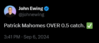 
John Ewing
@johnewing
Patrick Mahomes OVER 0.5 catch. ✅