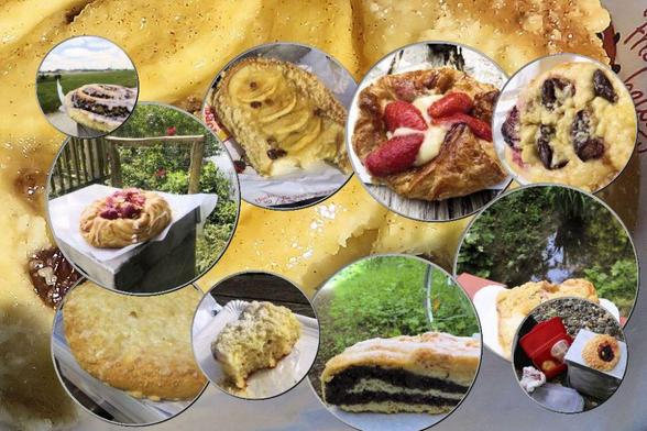 Collage mit Fotos von Teilchen, die meisten mit Natur im Hintergrund.

Collage with photos of pastries, most of them with nature in the background.