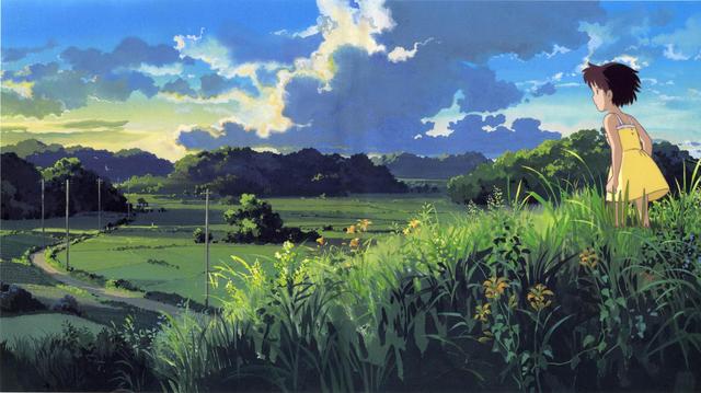 Satsuki looks at the plain. The sky is clear. From "My Neighbor Totoro" anime