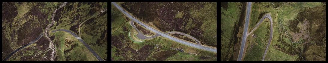 A triptych, three images of old tarmac, the former route of the A93 along the Devil's Elbow in Glenshee, Perthshire