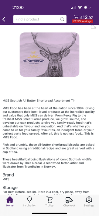 Ocado page showing a tin of Scottish shortbread. Usual blurb about shortbread. Include the paragraph in the toot about the illustration on the tin. It’s a red deer stag. 