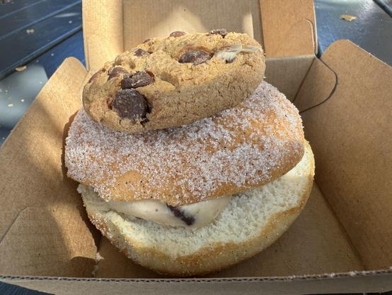 A cookie dough and cheesecake donut 