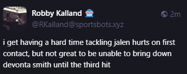 
Robby Kalland 🤖
@RKalland@sportsbots.xyz
i get having a hard time tackling jalen hurts on first contact, but not great to be unable to bring down devonta smith until the third hit